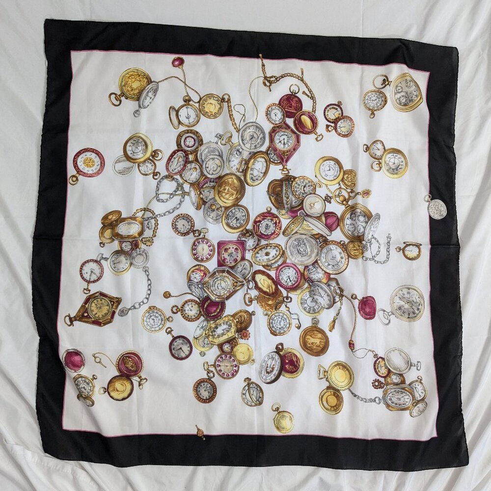 vintage scarf pocket watches gold white black 34" x 34.5" steampunk